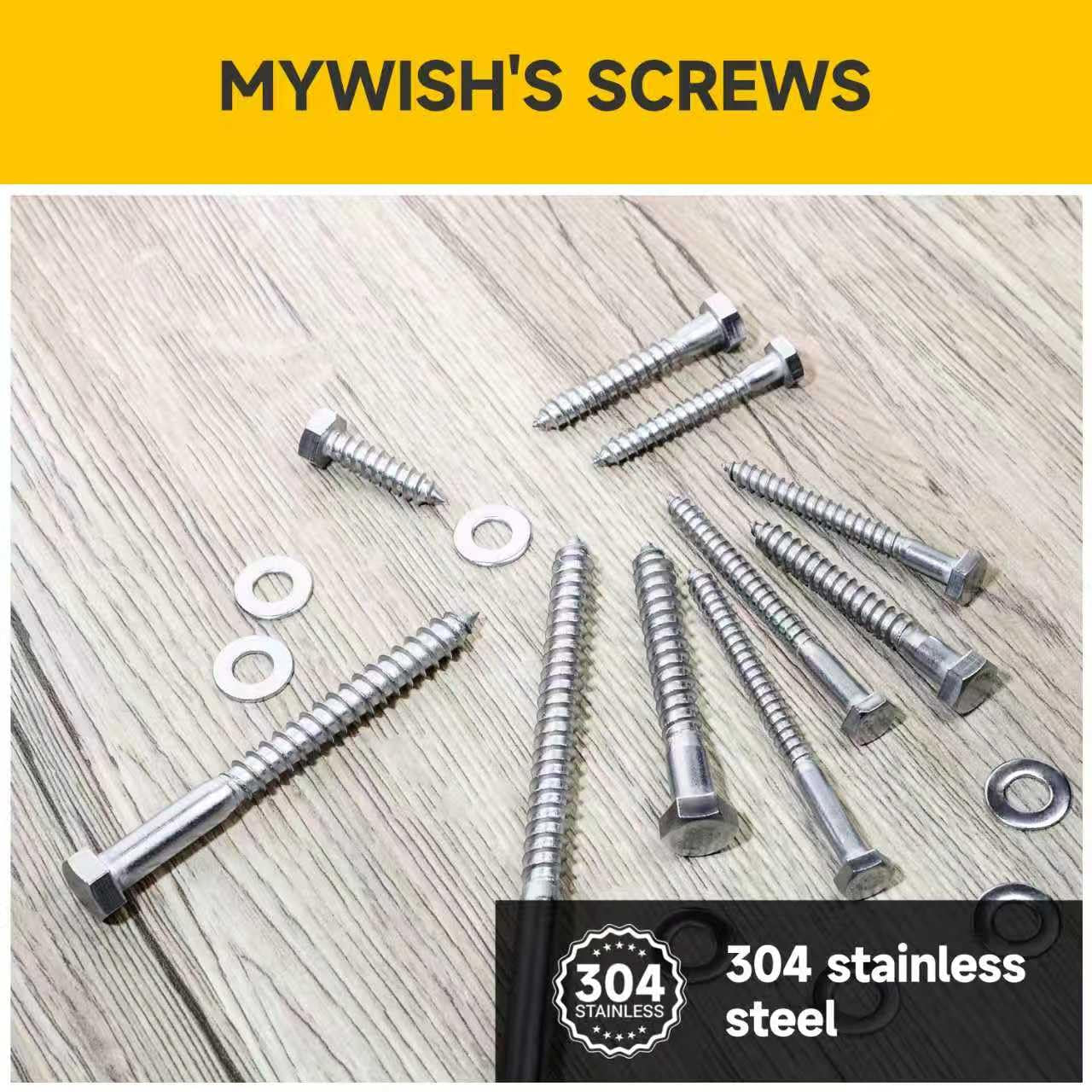 (50Sets) 3/8" X 5" Lag Bolts, 304 Stainless Steel 3/8 Inch Lag Screws Bolts for Wood, Heavy Duty Hex Head with Flat Washers Bolt Kit, Bright Finish