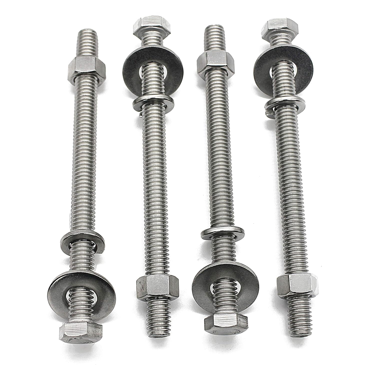 (4 Sets) 3/8-16X4 Stainless Steel Hex Head Screws Bolts, Nuts, Flat & Lock Washers, 18-8 (304) S/S, Fully Threaded by Bolt