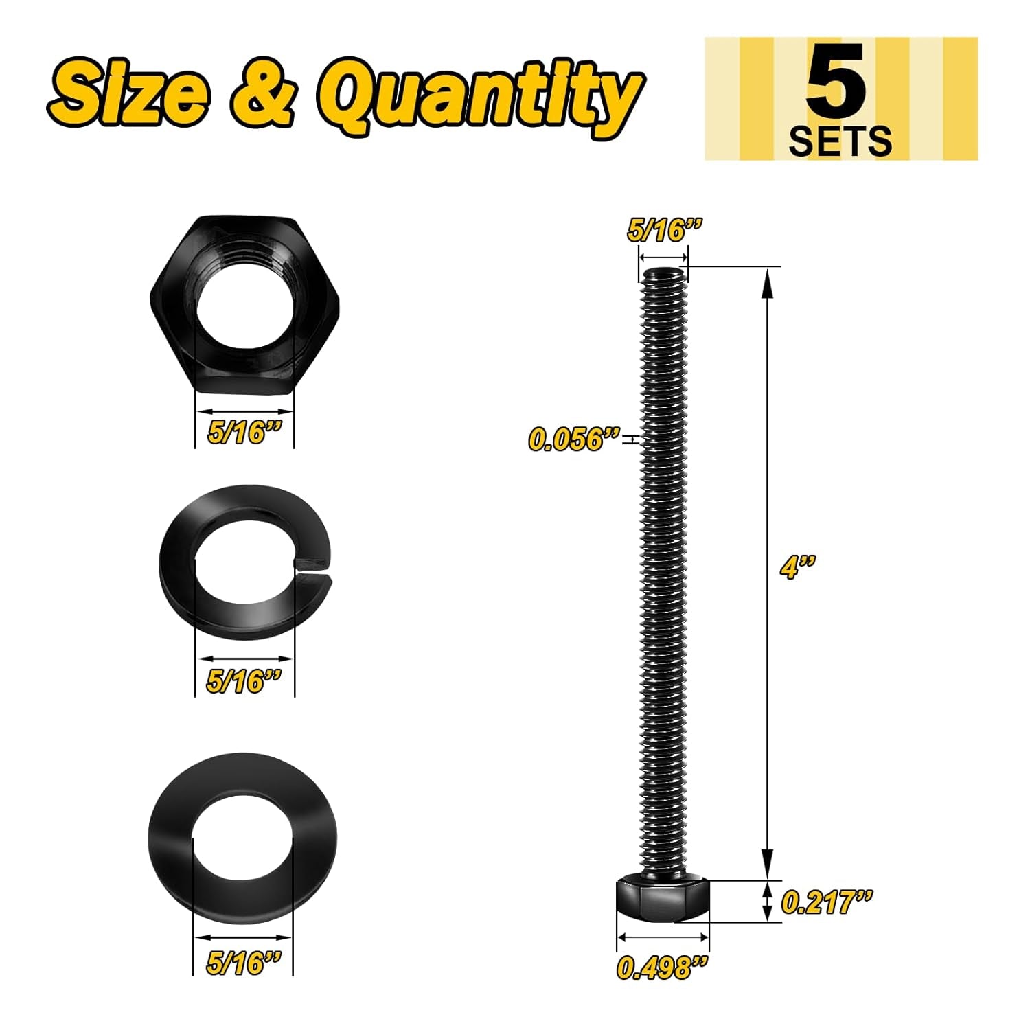 (5 Sets) 5/16-18 X 4" Hex Head Bolts and Nuts with Flat & Lock Washers, 304 Stainless Steel 18-8, Fully Threaded, Black Oxide Bolt Kit, 5/16 Bolt