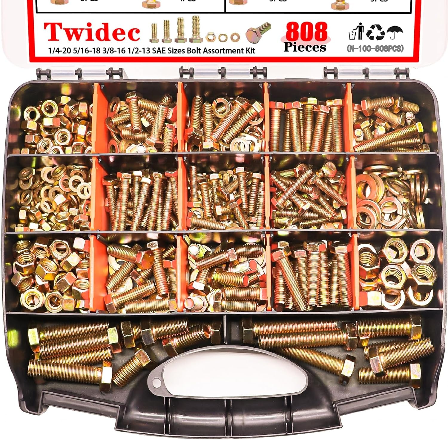 /808Pcs Grade 8.8 Hex Head Nuts and Bolts Assortment Kit,Sae Bolt Assortment, 1/4-20 5/16-18 3/8-16 1/2-13 SAE Heavy Duty Bolts and Nuts Kit, Flat & Spring Lock Washer Gold Zinc Plating