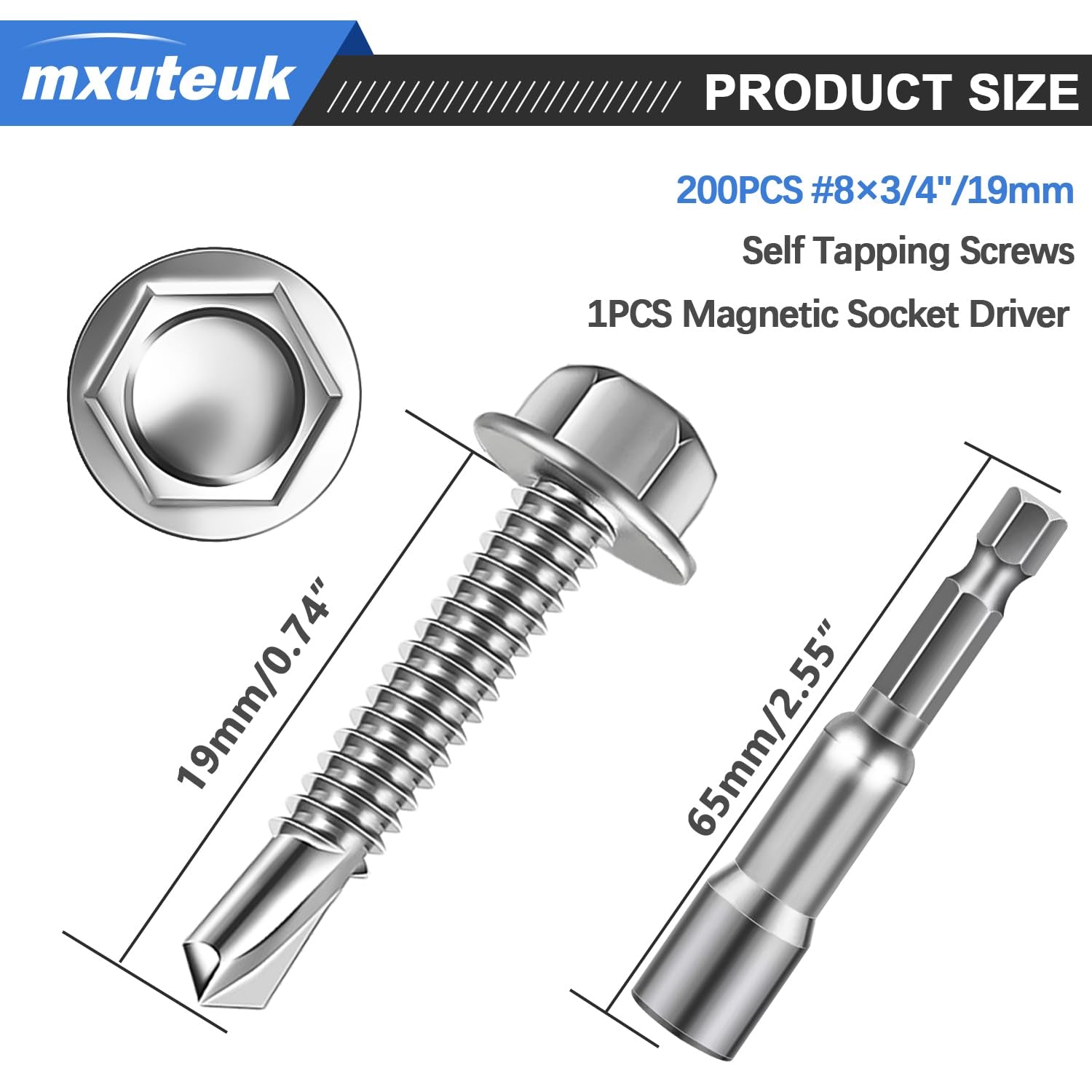 #8×3/4" 410 Stainless Steel Self-Tapping Screws - Hex Washer Head for Metal, Wood, and Tough Materials (200 Pieces)