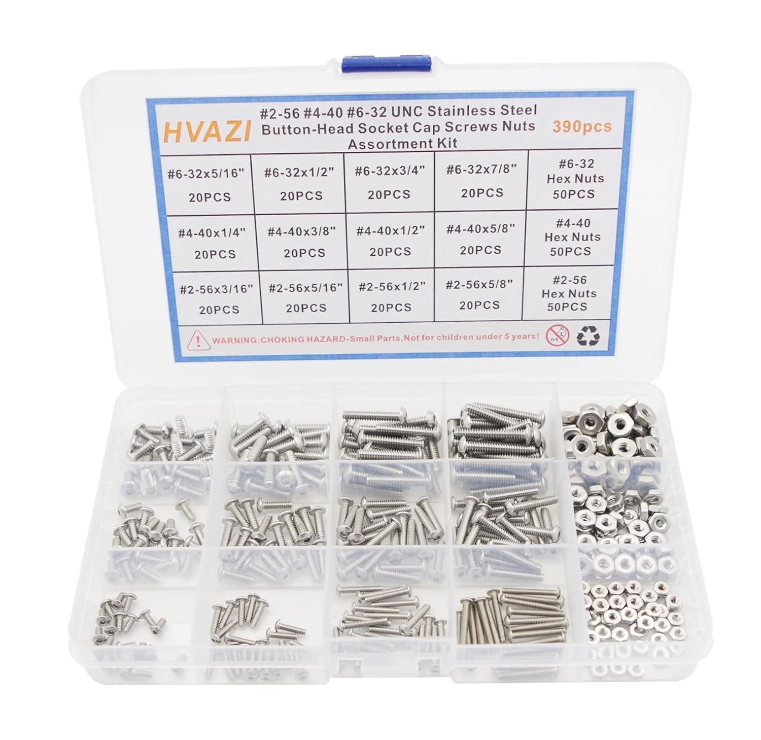 #2-56#4-40#6-32 UNC Stainless Steel Button-Head Socket Cap Screws Nuts Assortment Kit