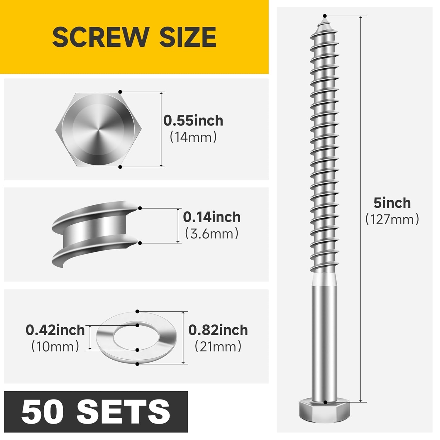 (50Sets) 3/8" X 5" Lag Bolts, 304 Stainless Steel 3/8 Inch Lag Screws Bolts for Wood, Heavy Duty Hex Head with Flat Washers Bolt Kit, Bright Finish
