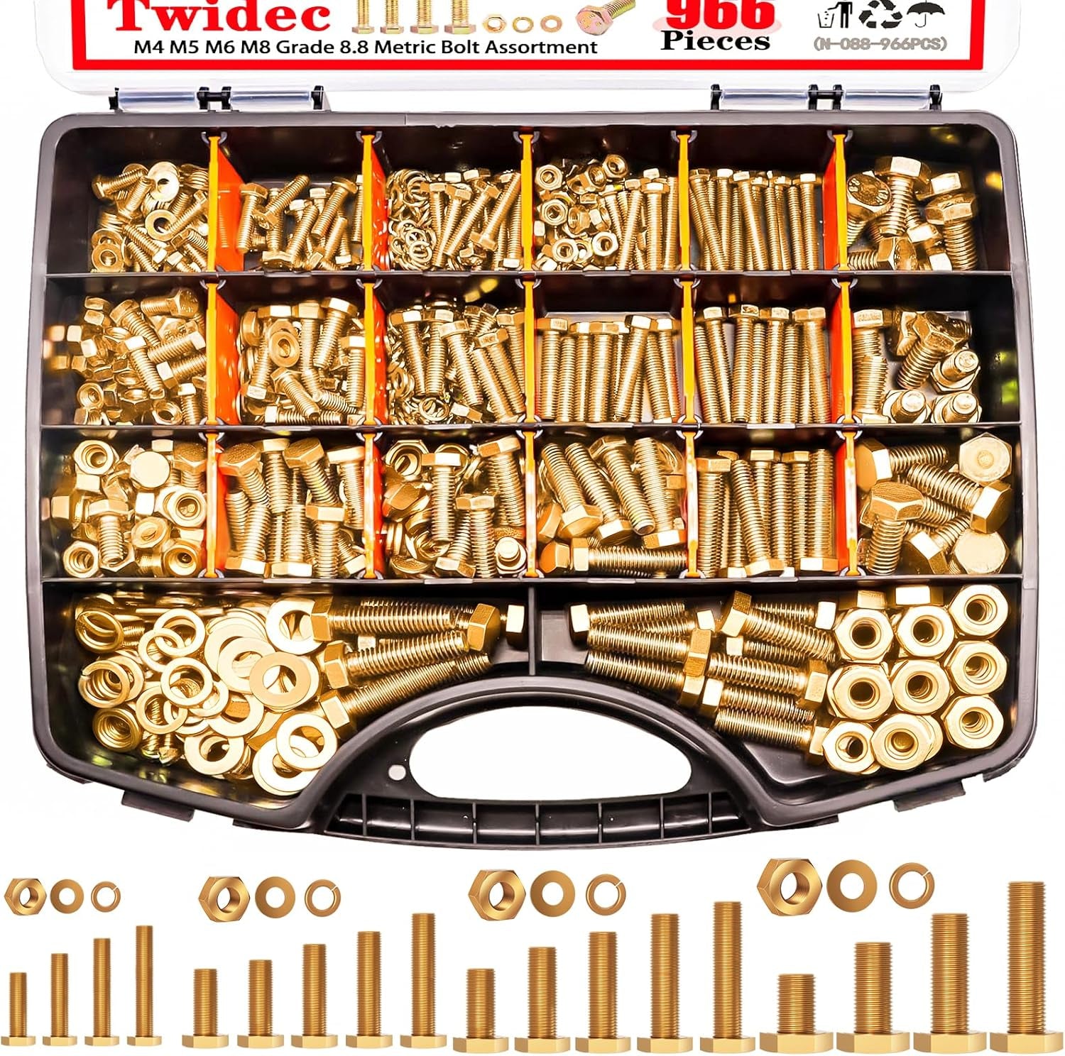 /966Pcs Metric Bolt Assortment,Grade 8.8 Hex Head Bolts and Nuts Assortment Kit, M4/M5/M6/M8(12-30Mm)Heavy Duty Nuts and Bolts Kit, Flat & Spring Lock Washer Gold Zinc Plating with Storage Case