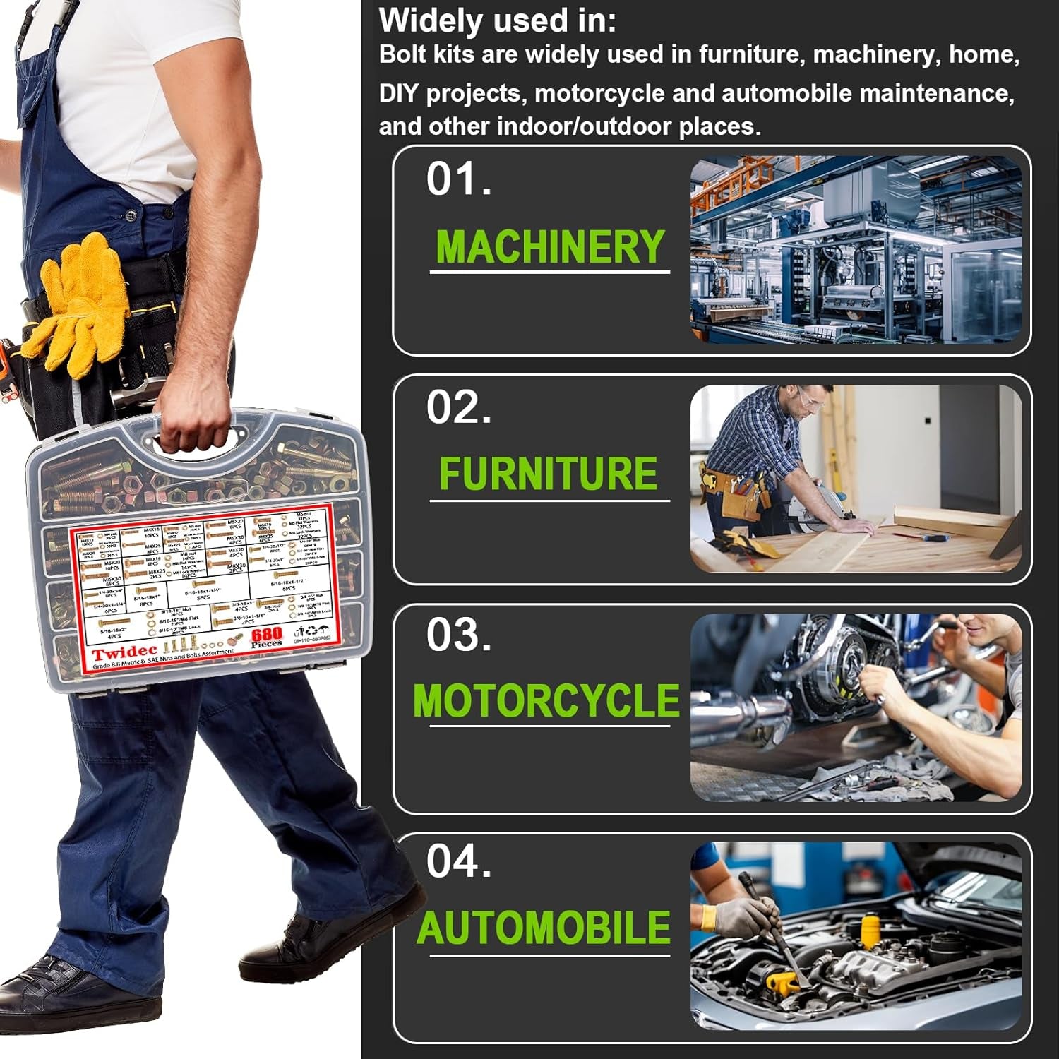 /Metric＆Sae Bolt Assortment,Grade 8.8 Hex Head Bolts and Nuts Assortment Kit, M4 M5 M6 M8 1/4-20 5/16-18 3/8-16 Heavy Duty Nuts and Bolts Kit Gold Zinc Plating with Storage Case