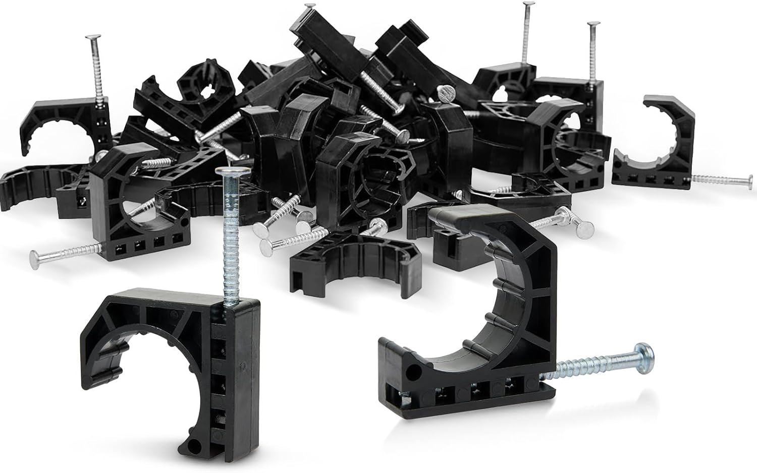 (Pack of 100)  Black Color Half Clamp Fixture, J-Hook with Nail for 3/4" PEX Tubing/Pipe Support,(Ppsu1807110)