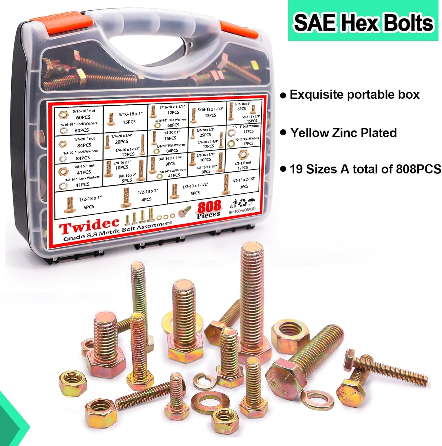 /808Pcs Grade 8.8 Hex Head Nuts and Bolts Assortment Kit,Sae Bolt Assortment, 1/4-20 5/16-18 3/8-16 1/2-13 SAE Heavy Duty Bolts and Nuts Kit, Flat & Spring Lock Washer Gold Zinc Plating