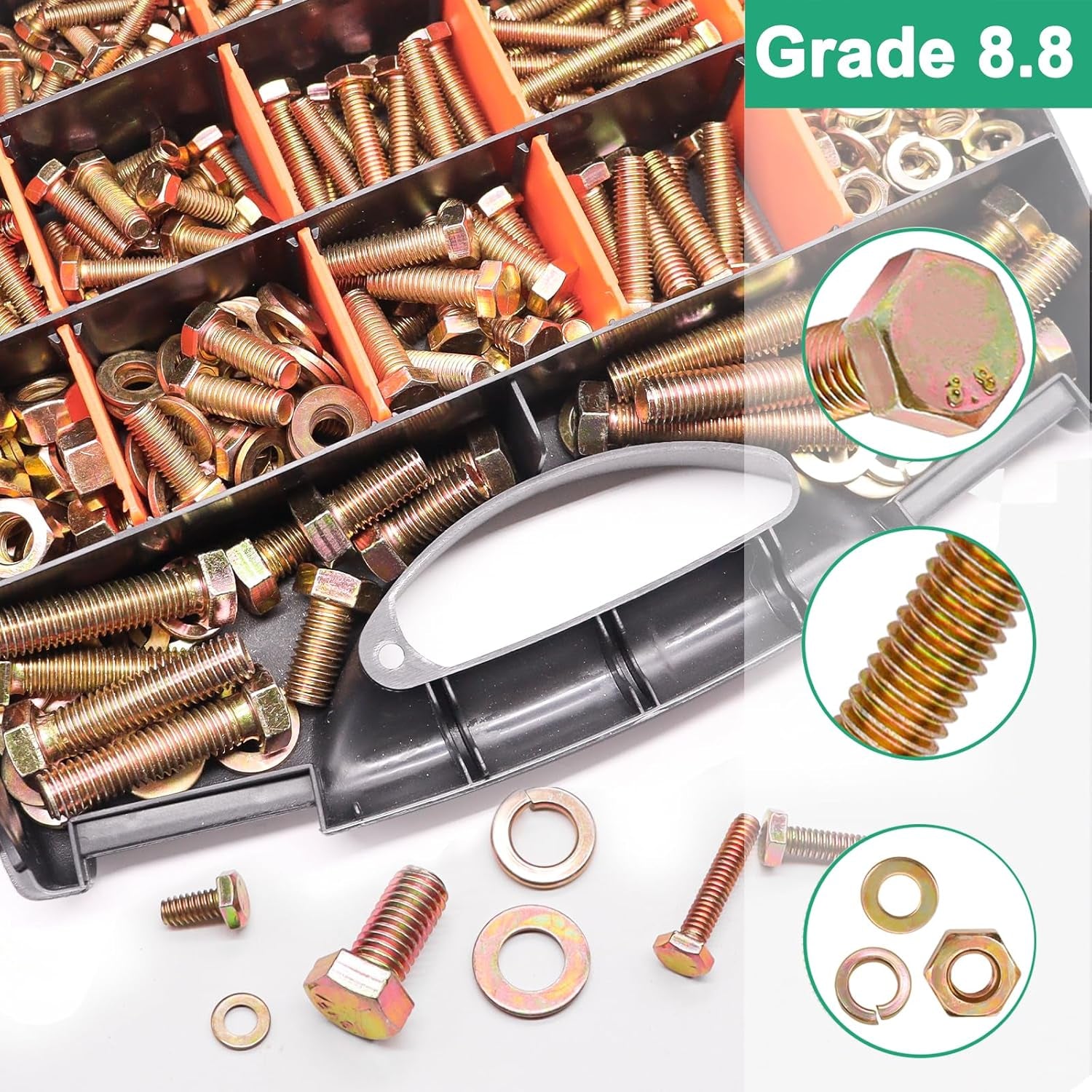 /808Pcs Grade 8.8 Hex Head Nuts and Bolts Assortment Kit,Sae Bolt Assortment, 1/4-20 5/16-18 3/8-16 1/2-13 SAE Heavy Duty Bolts and Nuts Kit, Flat & Spring Lock Washer Gold Zinc Plating