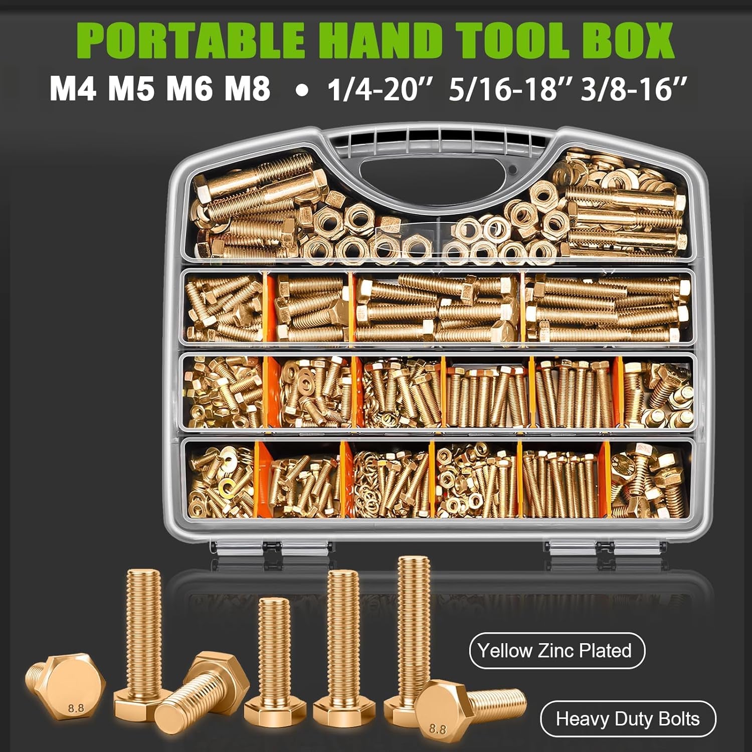 /Metric＆Sae Bolt Assortment,Grade 8.8 Hex Head Bolts and Nuts Assortment Kit, M4 M5 M6 M8 1/4-20 5/16-18 3/8-16 Heavy Duty Nuts and Bolts Kit Gold Zinc Plating with Storage Case