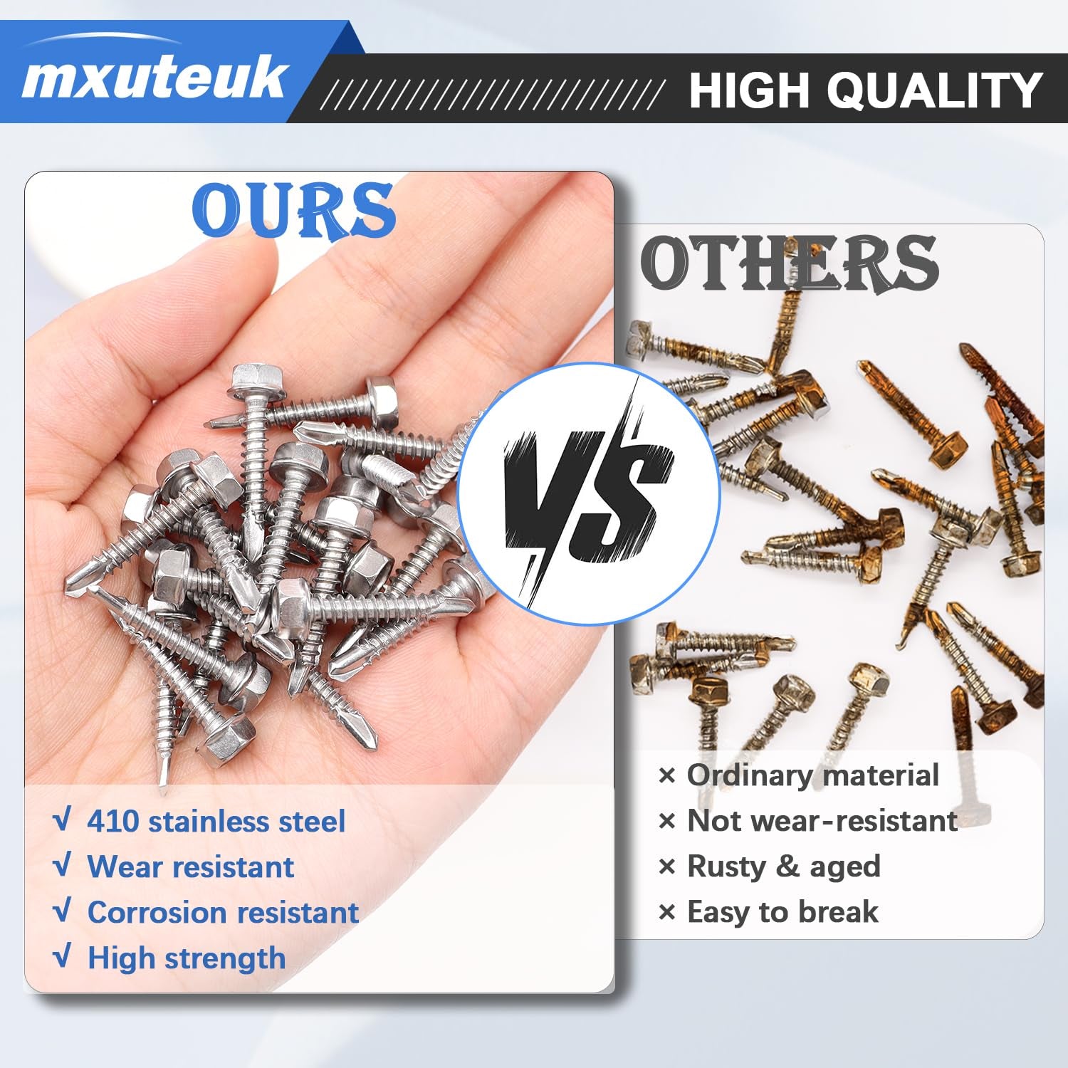 #8×3/4" 410 Stainless Steel Self-Tapping Screws - Hex Washer Head for Metal, Wood, and Tough Materials (200 Pieces)