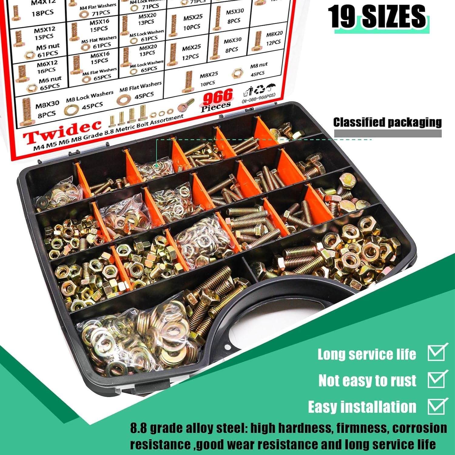 /966Pcs Metric Bolt Assortment,Grade 8.8 Hex Head Bolts and Nuts Assortment Kit, M4/M5/M6/M8(12-30Mm)Heavy Duty Nuts and Bolts Kit, Flat & Spring Lock Washer Gold Zinc Plating with Storage Case