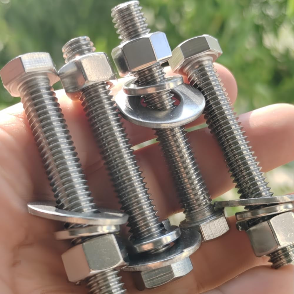 (4 Sets) 3/8-16X4 Stainless Steel Hex Head Screws Bolts, Nuts, Flat & Lock Washers, 18-8 (304) S/S, Fully Threaded by Bolt
