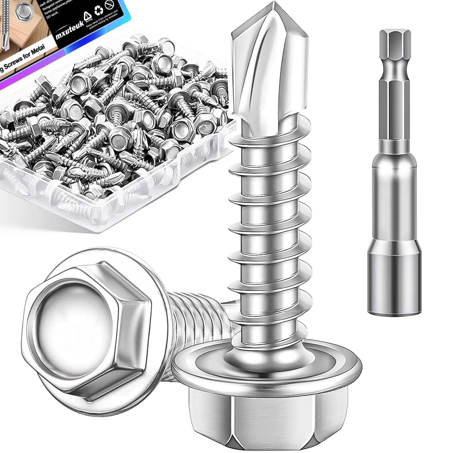 #8×3/4" 410 Stainless Steel Self-Tapping Screws - Hex Washer Head for Metal, Wood, and Tough Materials (200 Pieces)