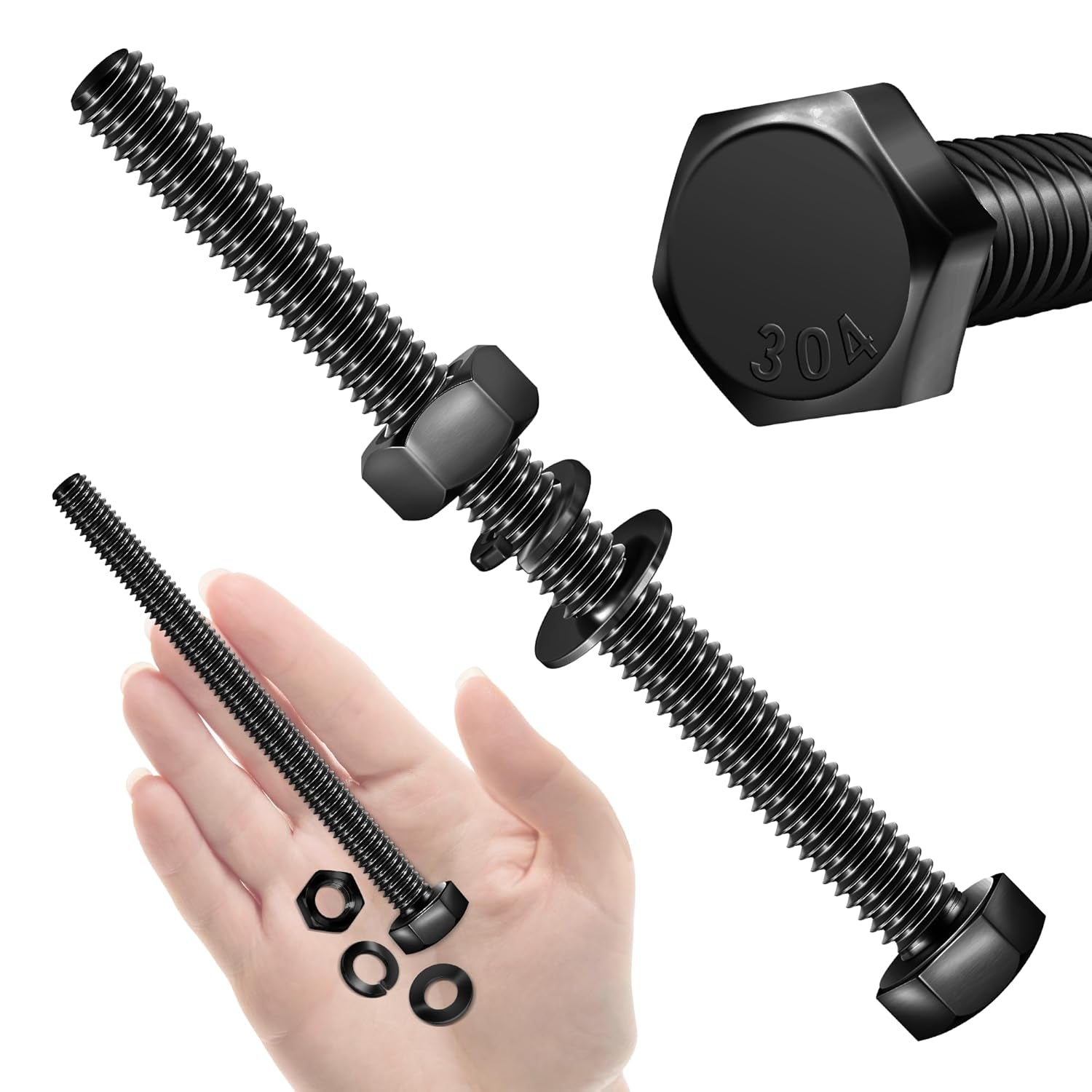 (5 Sets) 5/16-18 X 4" Hex Head Bolts and Nuts with Flat & Lock Washers, 304 Stainless Steel 18-8, Fully Threaded, Black Oxide Bolt Kit, 5/16 Bolt