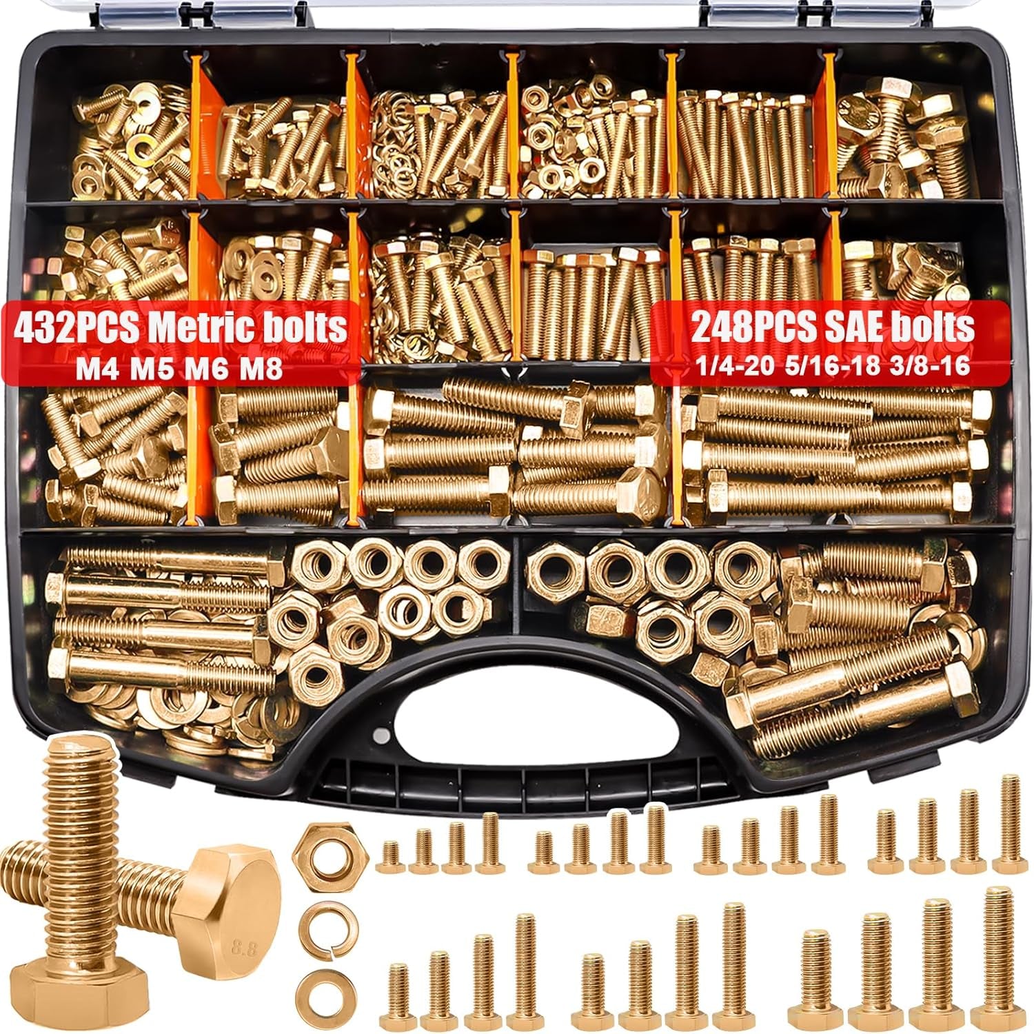 /Metric＆Sae Bolt Assortment,Grade 8.8 Hex Head Bolts and Nuts Assortment Kit, M4 M5 M6 M8 1/4-20 5/16-18 3/8-16 Heavy Duty Nuts and Bolts Kit Gold Zinc Plating with Storage Case